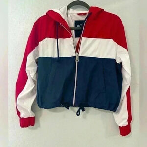 130.Hollister Color Striped Cropped Windbreaker Jacket Women’s XS Red/White/Blue